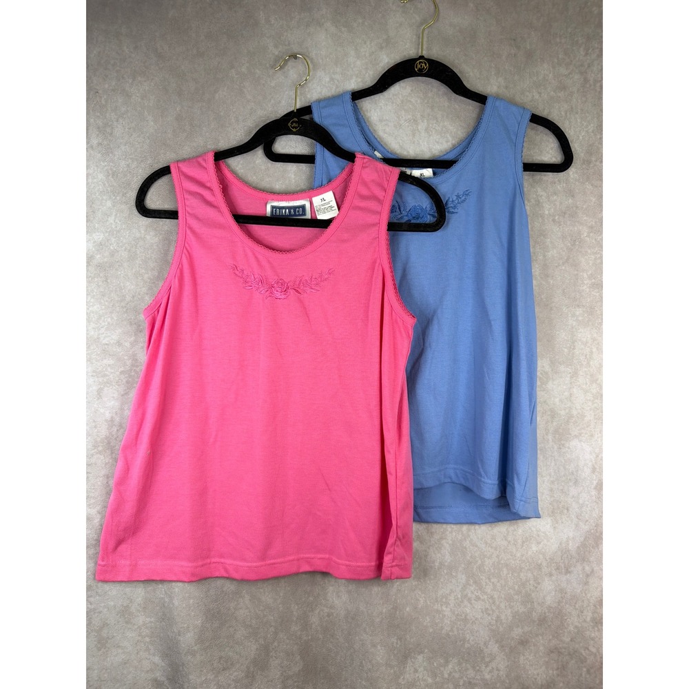 VTG NWT Erika & Co Tank Top  XL Pink Blue 2-Pack Embroidered Floral Sleeveless